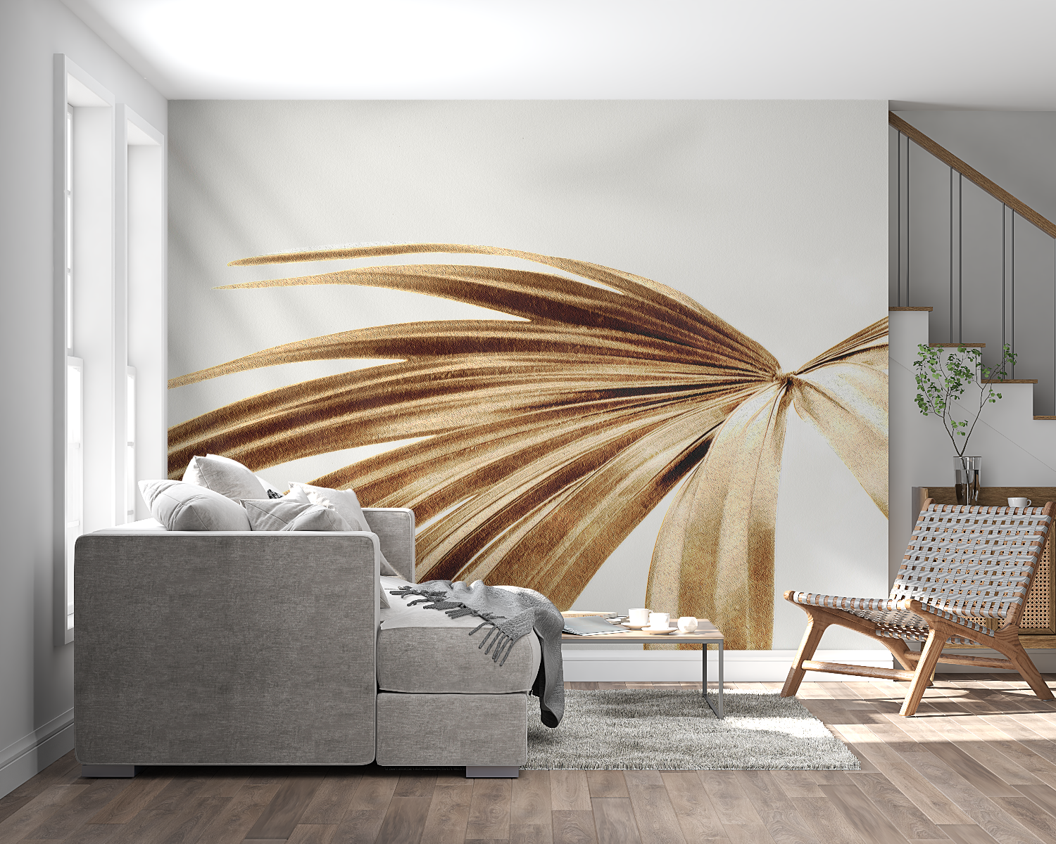 Golden palm leaf wallpaper mural creating a peaceful atmosphere in a modern living room with natural light