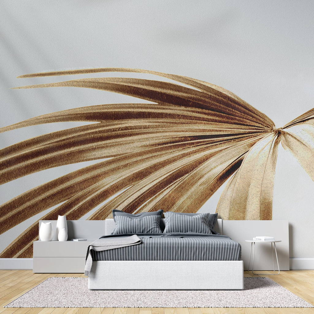 Abstract palm leaf mural adding warmth to a minimalist dining room