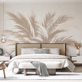 Beige Palm Leaves Mural Wallpaper creating a peaceful atmosphere in a bright living room with modern furniture