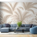 Beige Palm Leaves Wallpaper creating a calm atmosphere in a modern living room with natural light