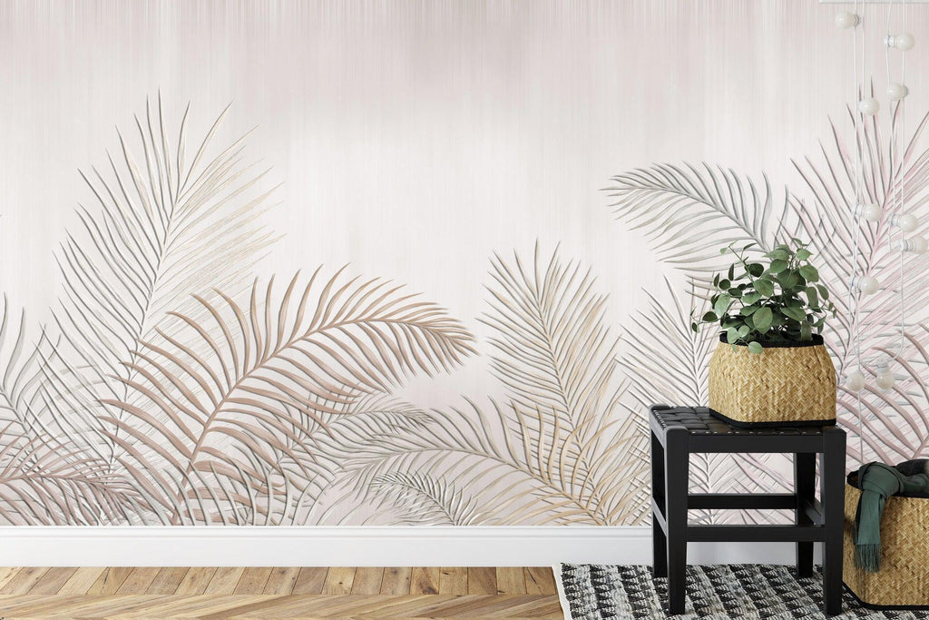 Tropical palm leaves wallpaper in modern living room showing soft beige design against white walls