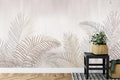 Tropical palm leaves wallpaper in modern living room showing soft beige design against white walls