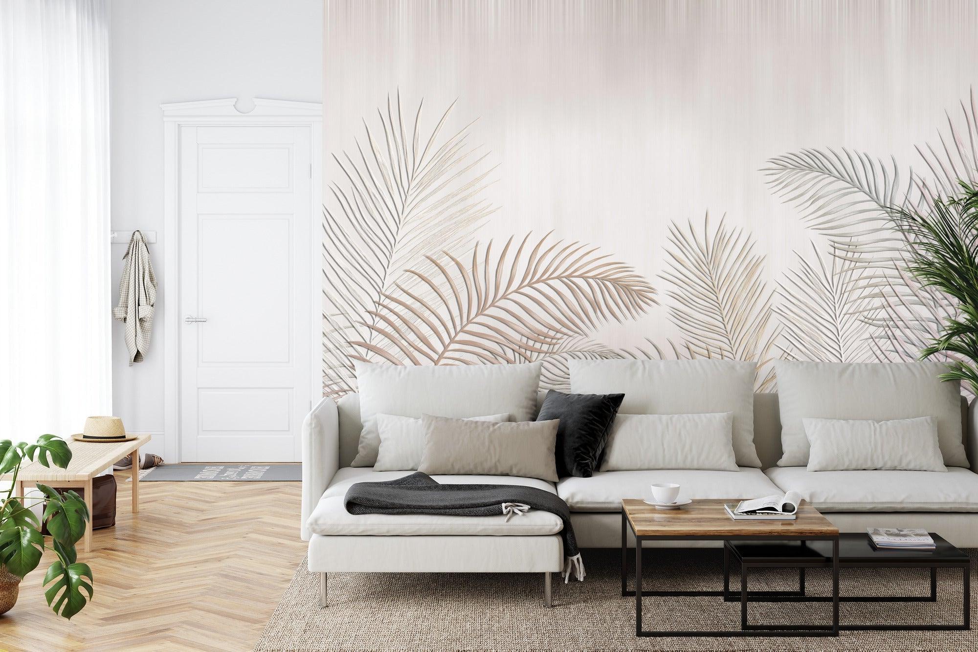 Minimalist palm wallpaper creating spa-like atmosphere in master bedroom