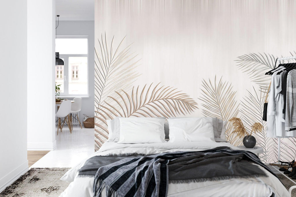 Beige palm leaves mural adding natural flow to modern home office space