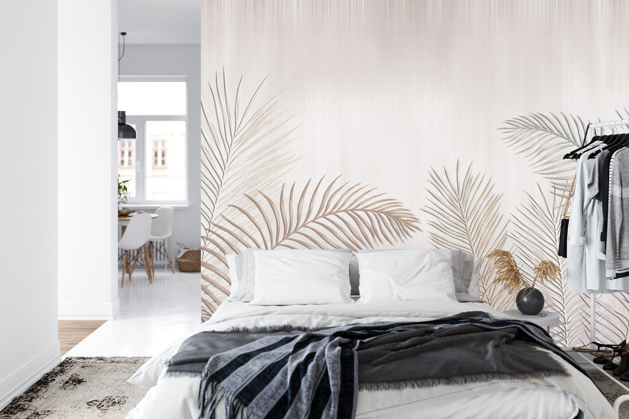 Beige palm leaves mural adding natural flow to modern home office space