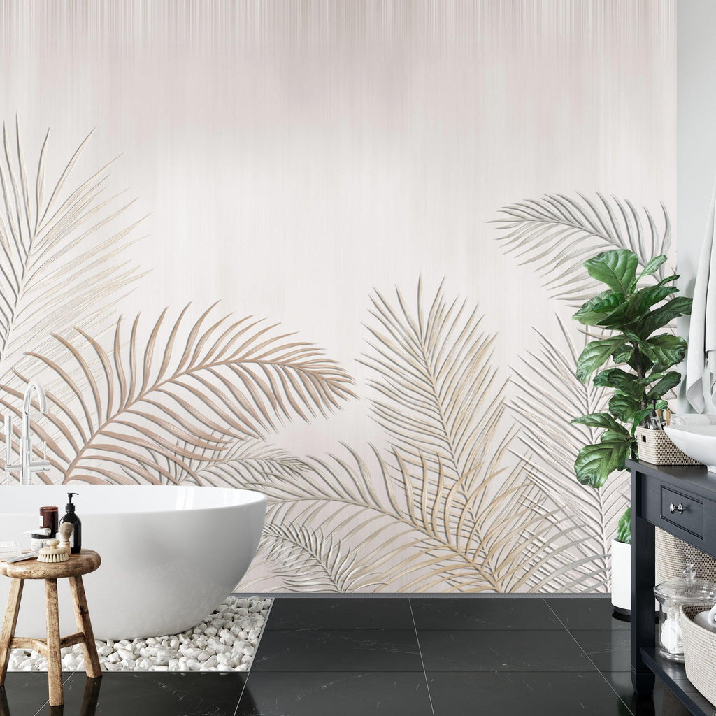 Palm frond wallpaper bringing resort feel to contemporary bathroom