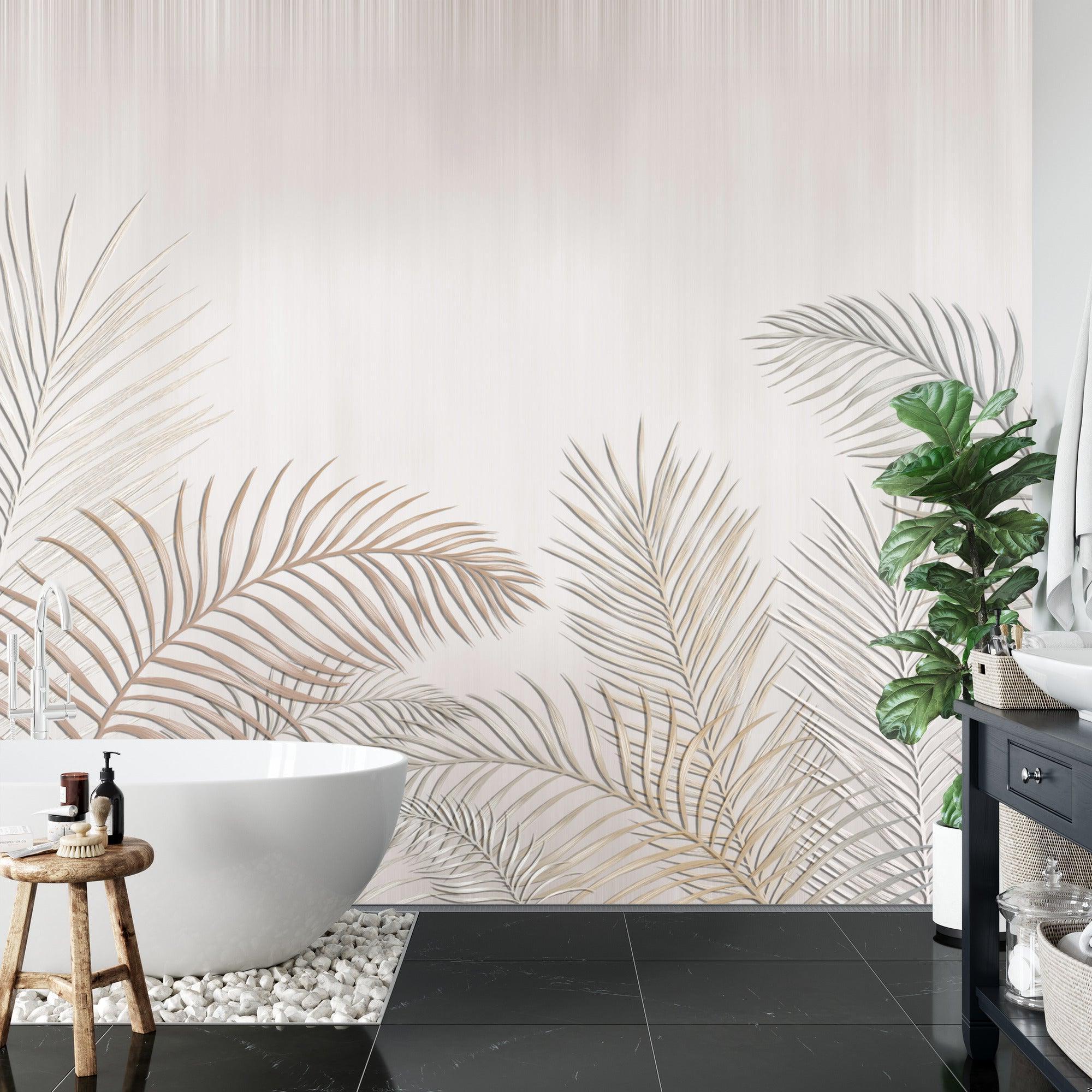 Palm frond wallpaper bringing resort feel to contemporary bathroom