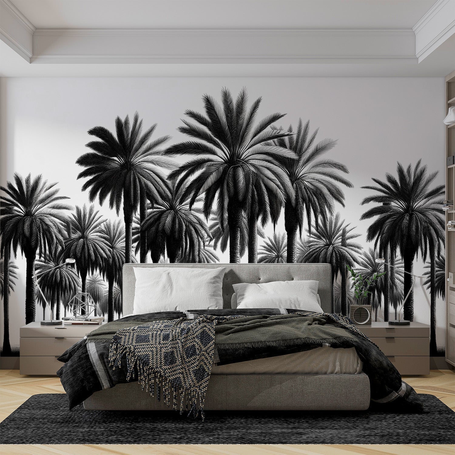 Black and white palm tree mural wallpaper creating dramatic impact in modern living room with minimalist furniture