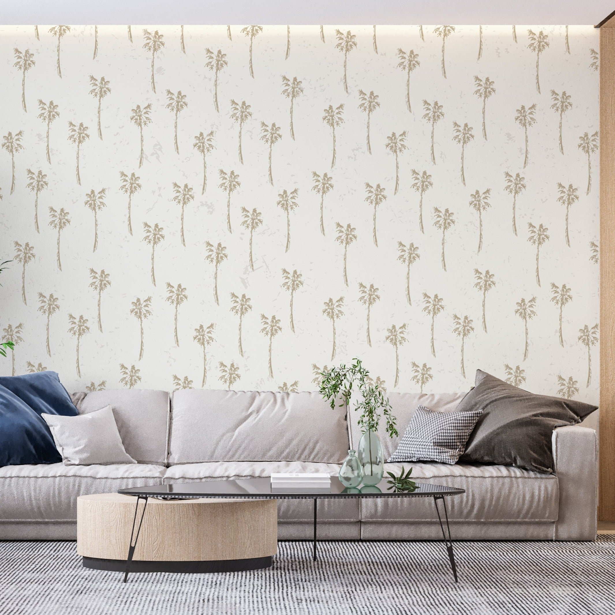 Modern living room with Palm Tree Mural Wallpaper in beige, showing how the pattern creates a fresh coastal atmosphere