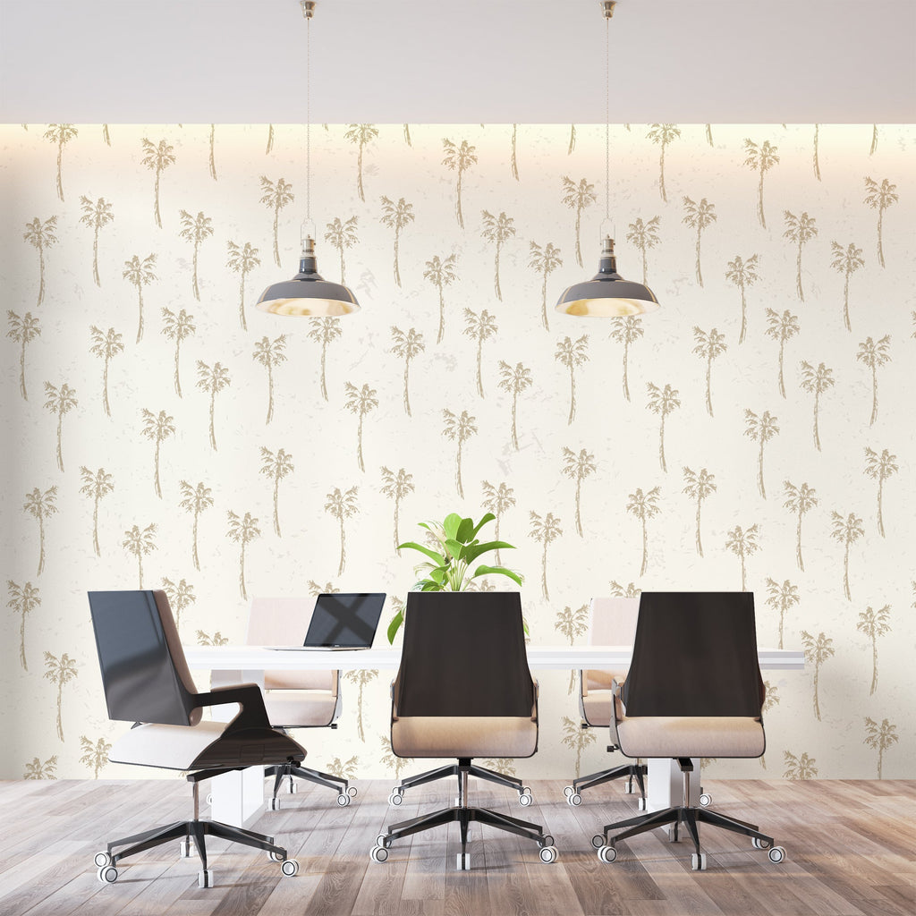 Bedroom featuring beige Palm Tree Wallpaper, highlighting the soft and relaxing tropical pattern