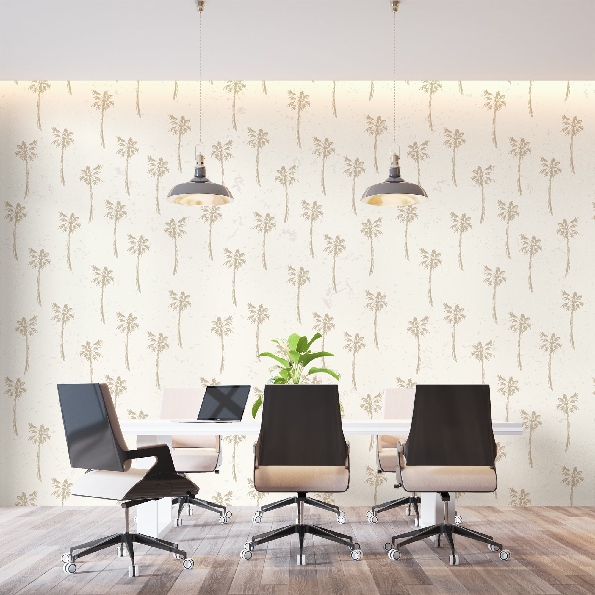 Bedroom featuring beige Palm Tree Wallpaper, highlighting the soft and relaxing tropical pattern