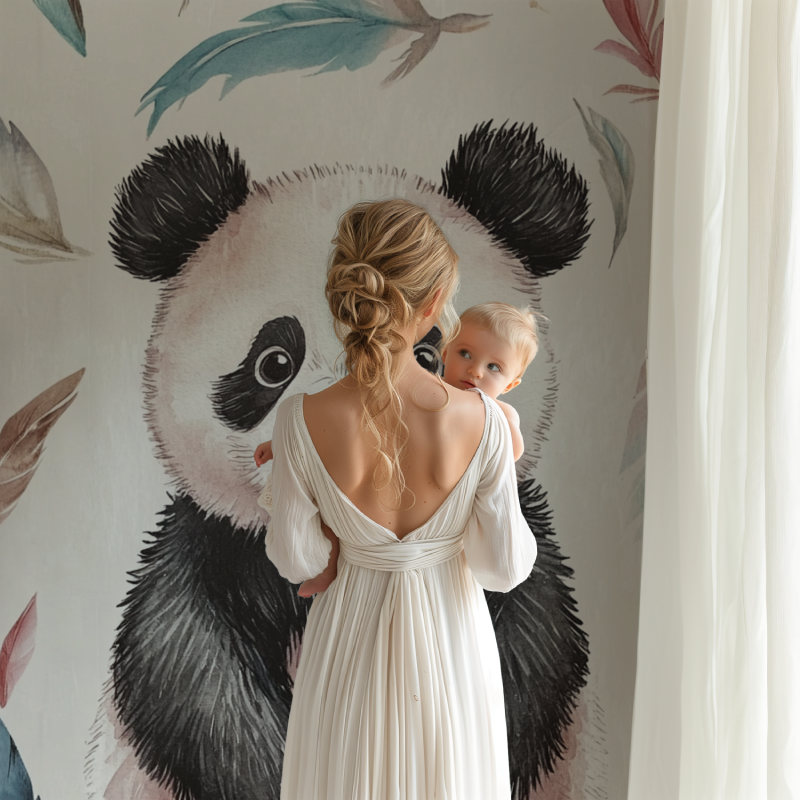 Reading nook with calming panda wall mural and bohemian feather elements