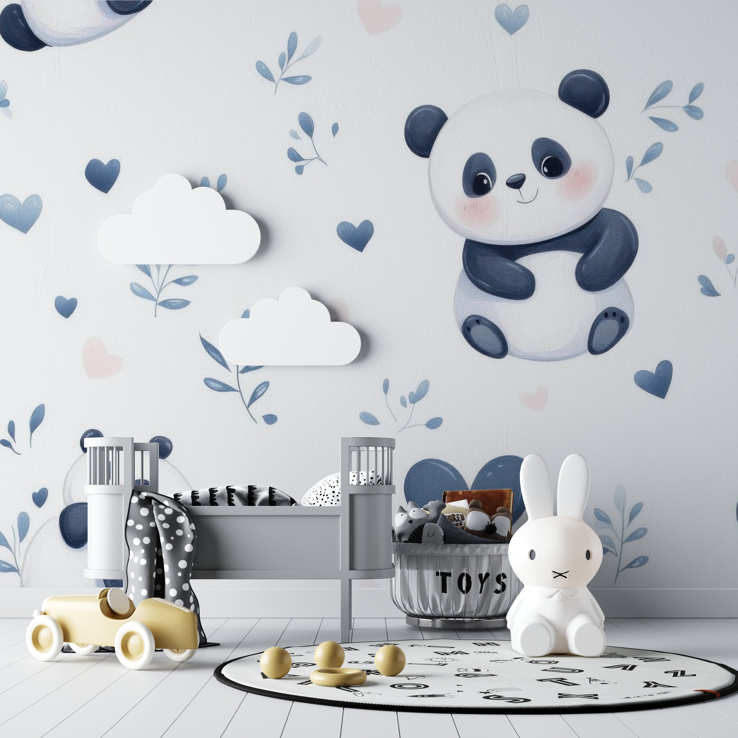 Panda nursery wallpaper in a cozy baby room with soft lighting and matching decor