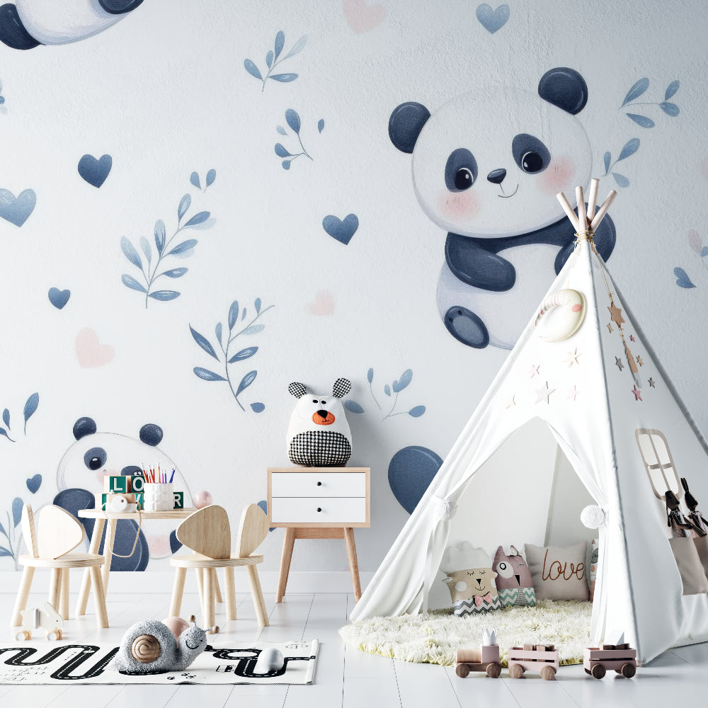 Sweet panda wall mural in a modern toddler bedroom with natural light