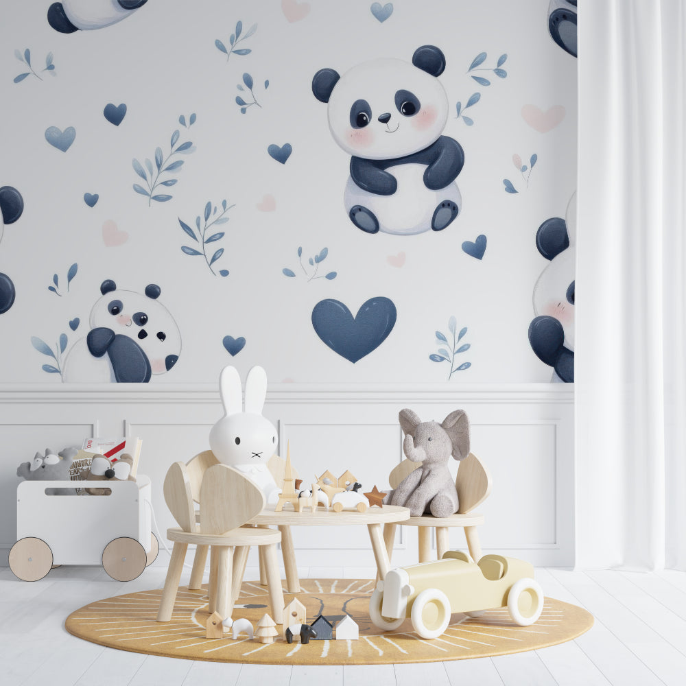 Nursery panda wallpaper brightening up a neutral playroom setting