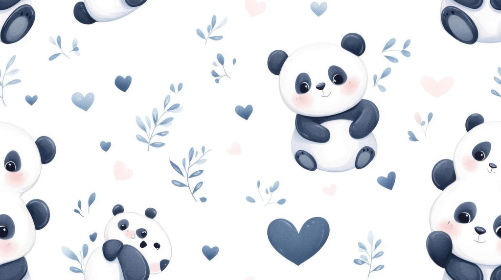 Panda wallpaper design file showing cute pandas with hearts and leaves pattern on light background