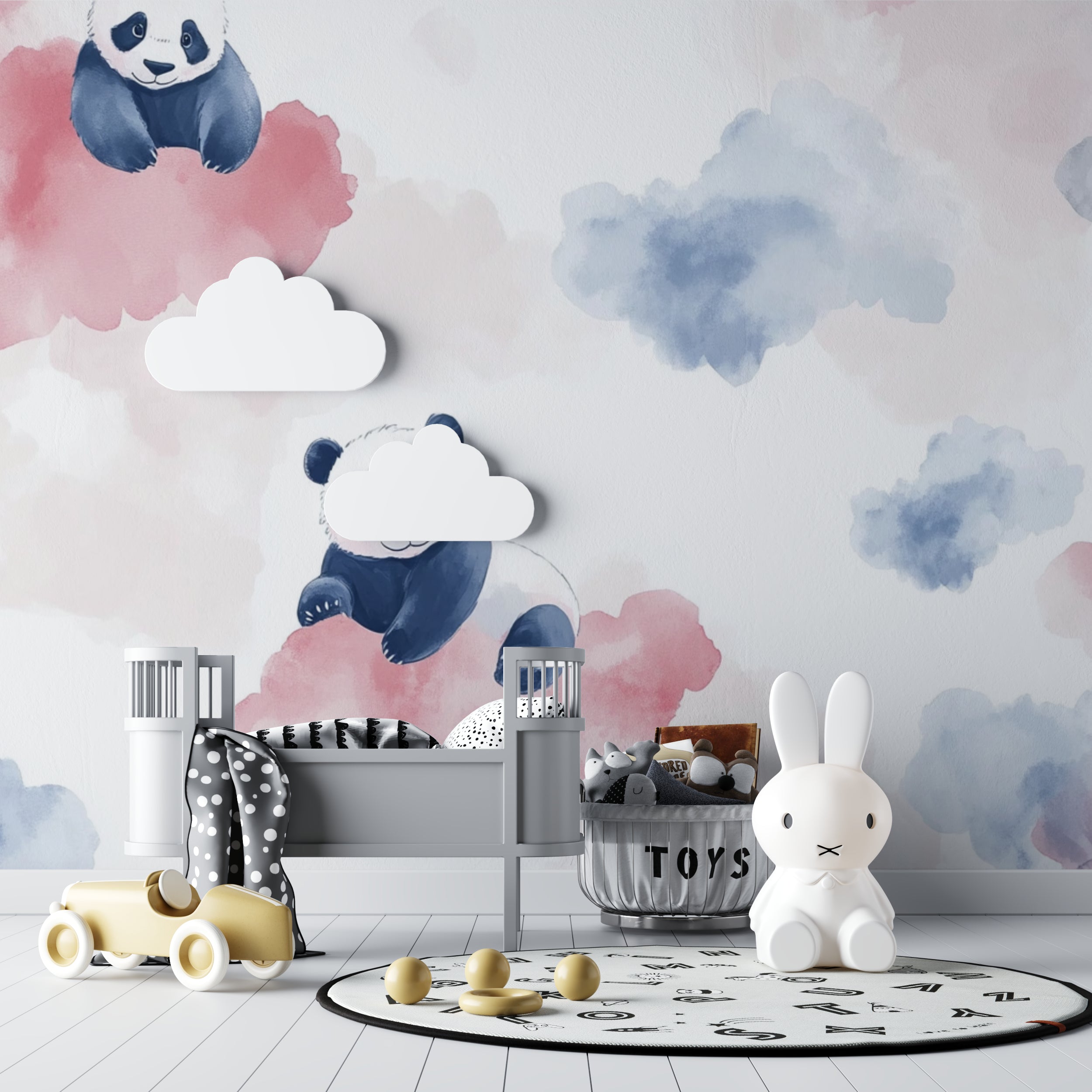 Dreamy panda wallpaper making a statement in a girl's bedroom with pink accents
