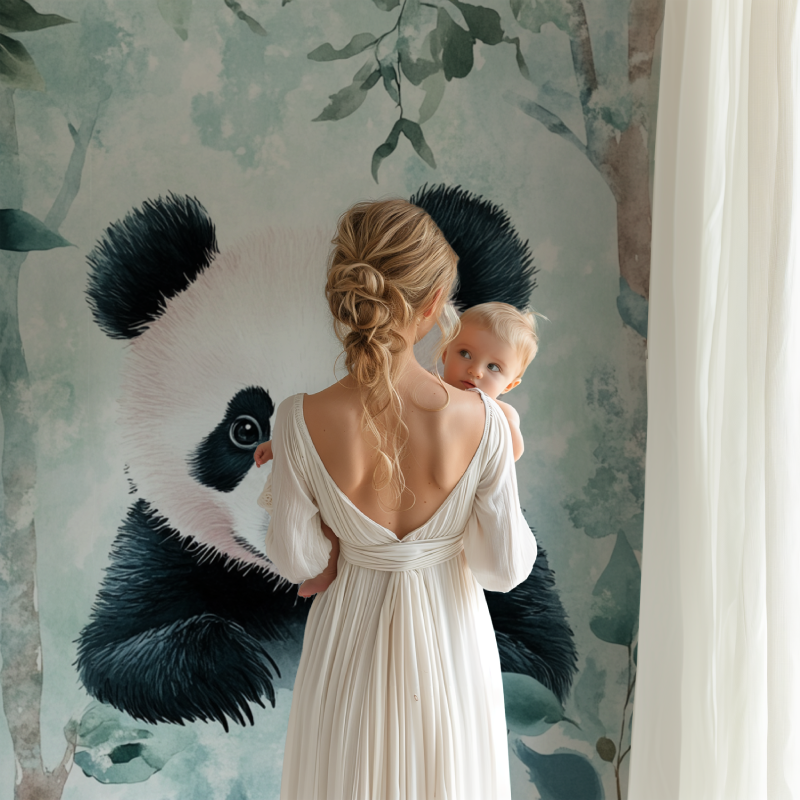 Children's bedroom showcasing panda wall mural with reading nook and playful decor
