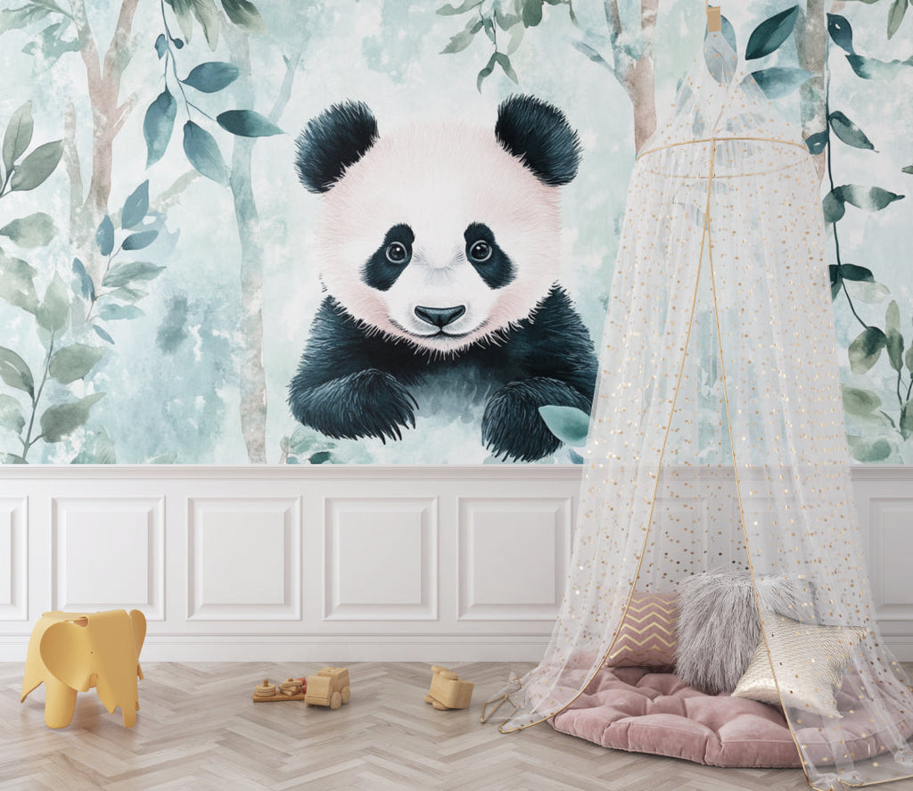 Playroom wall decorated with panda mural showing scale and room depth