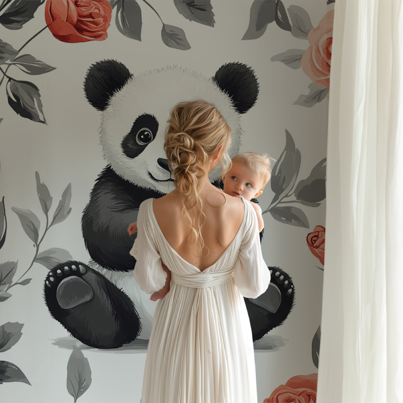 Floral panda wallpaper displayed in a modern children's reading nook
