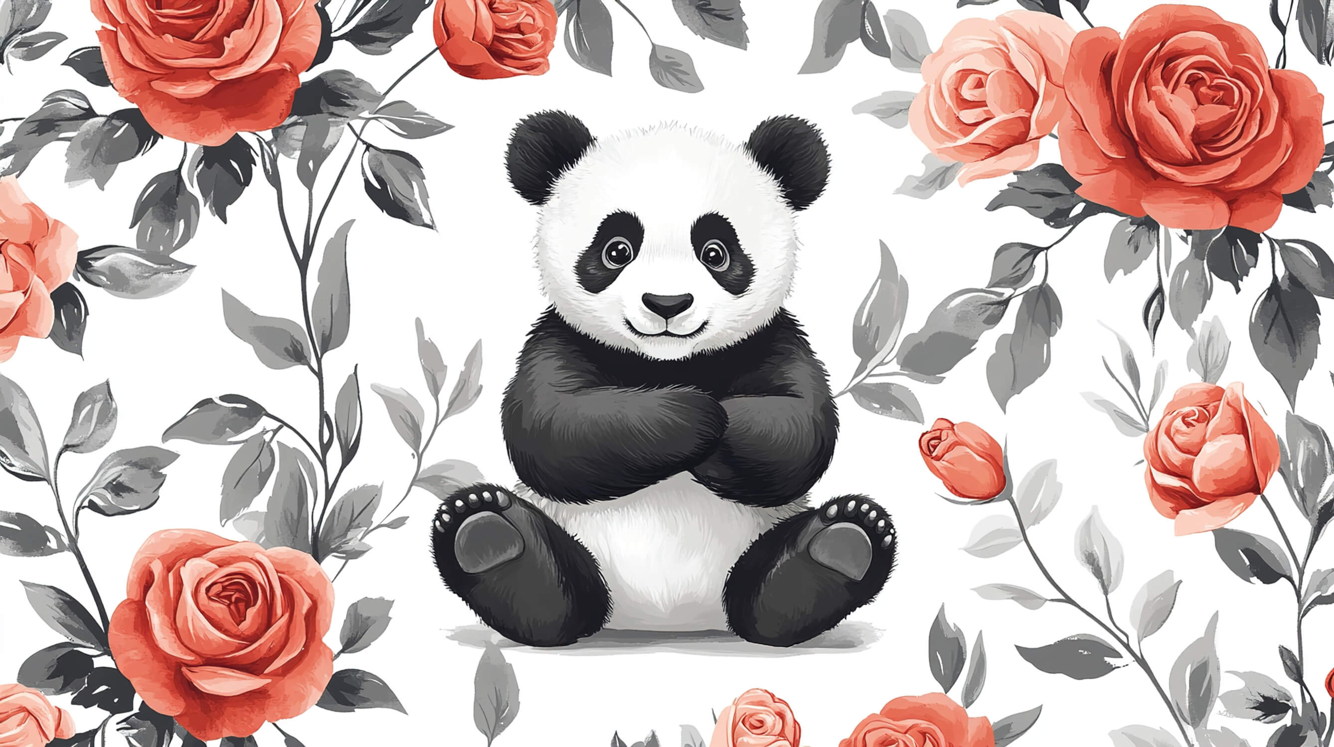 Panda and rose garden wallpaper design file showing full pattern and details