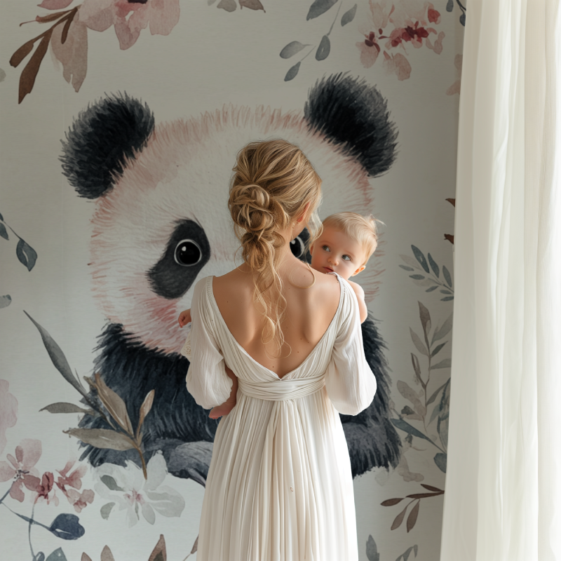 Pink floral panda wallpaper transforming a baby's room