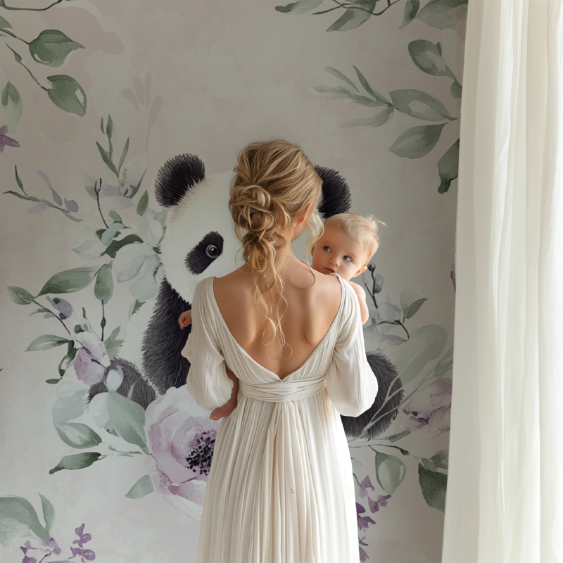 Panda nursery wallpaper transforming a playroom with its sweet watercolor design