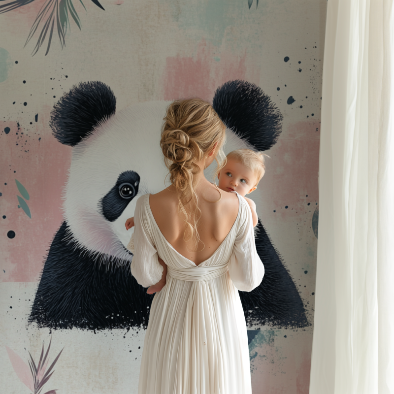 Geometric panda wallpaper creating a feature wall in a kids playroom