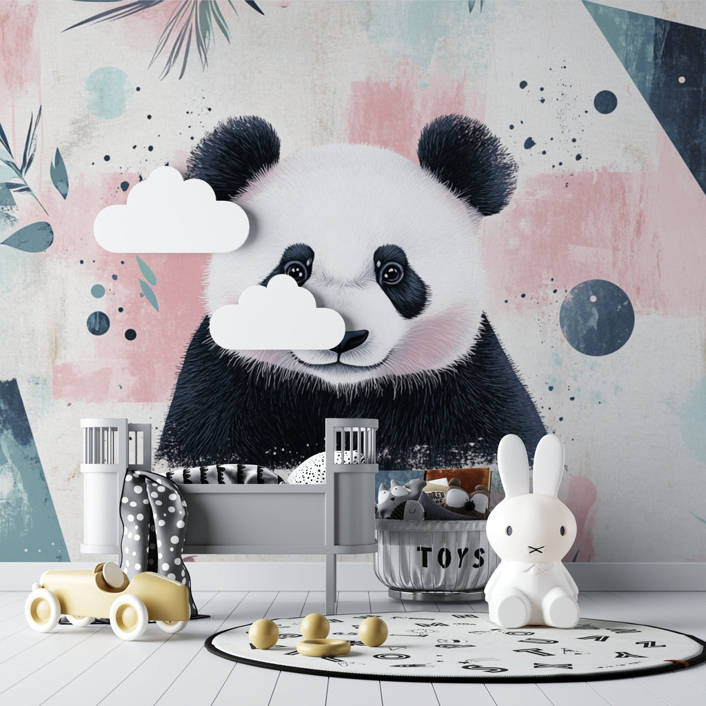 Pastel panda wallpaper in a teenage bedroom with desk setup