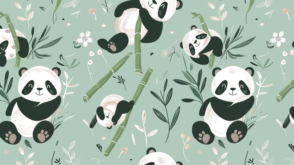 Panda wallpaper design file showing full pattern with bamboo forest and gentle mint background