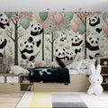 Panda nursery wallpaper with cherry blossoms creating a magical atmosphere in a bright children's bedroom