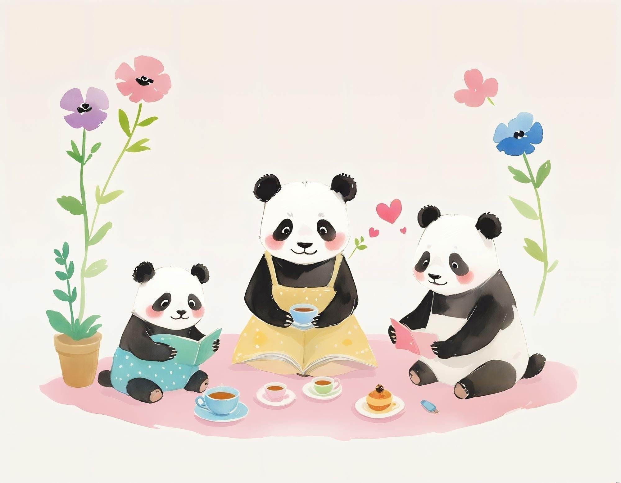 Panda tea time design file featuring adorable pandas in pastel dresses having tea