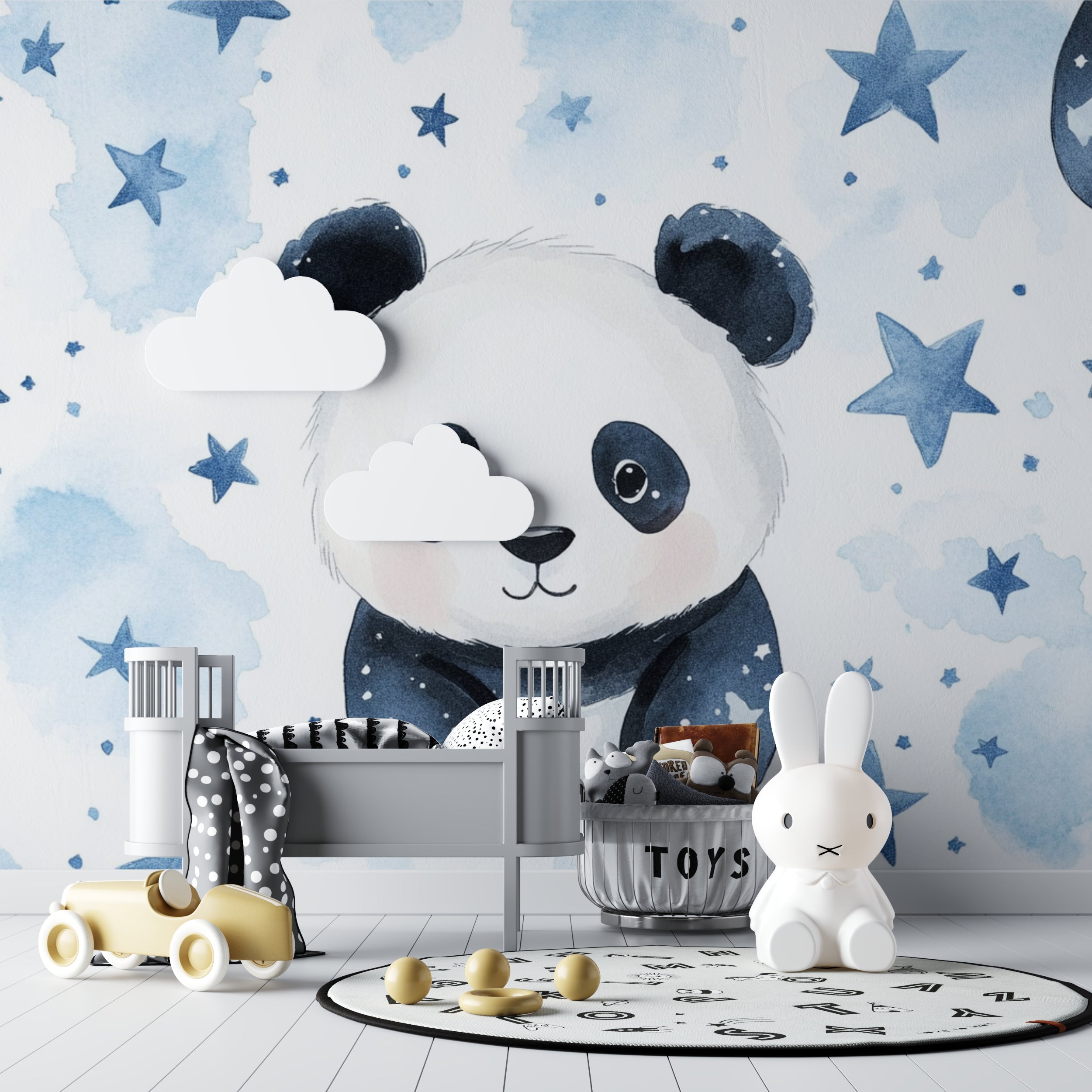 Child's bedroom showing full wall panda mural installation