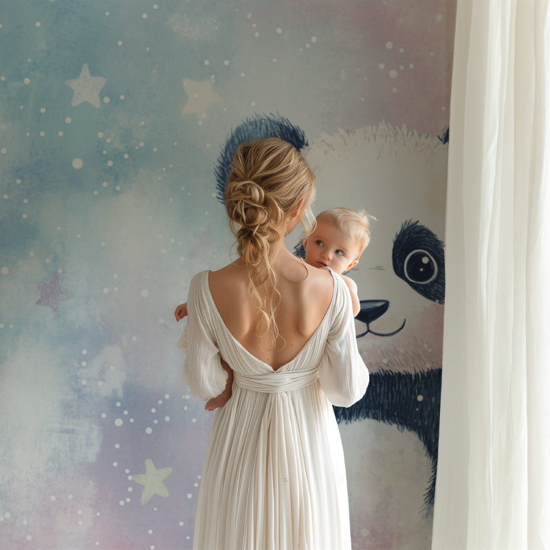 Nursery room with panda star wallpaper creating a peaceful sleeping environment