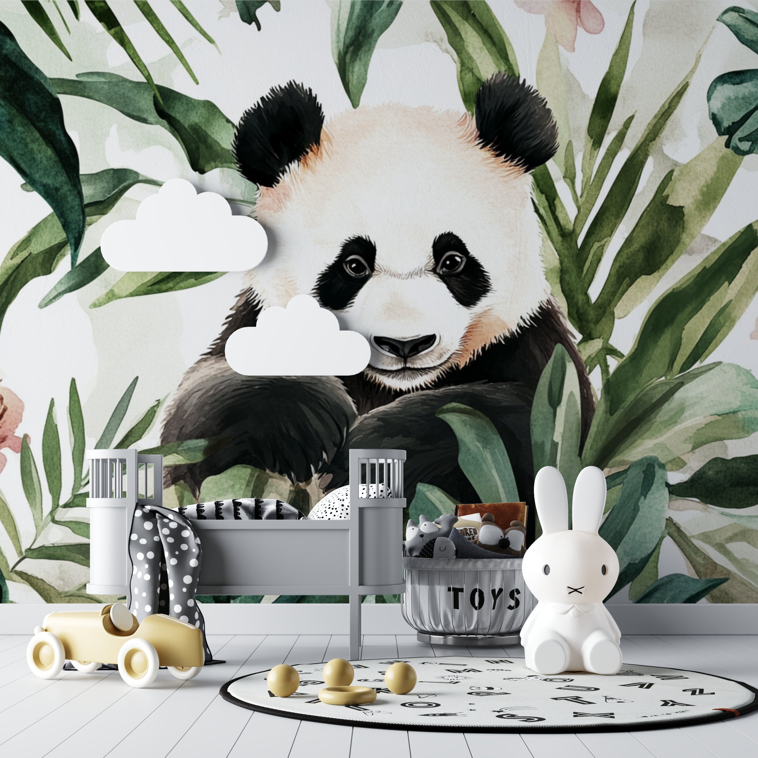 Children's bedroom featuring panda wallpaper mural with soft pink and green tones