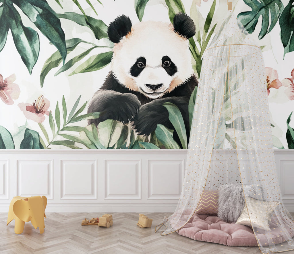 Playroom wall decorated with tropical panda mural showing scale and details