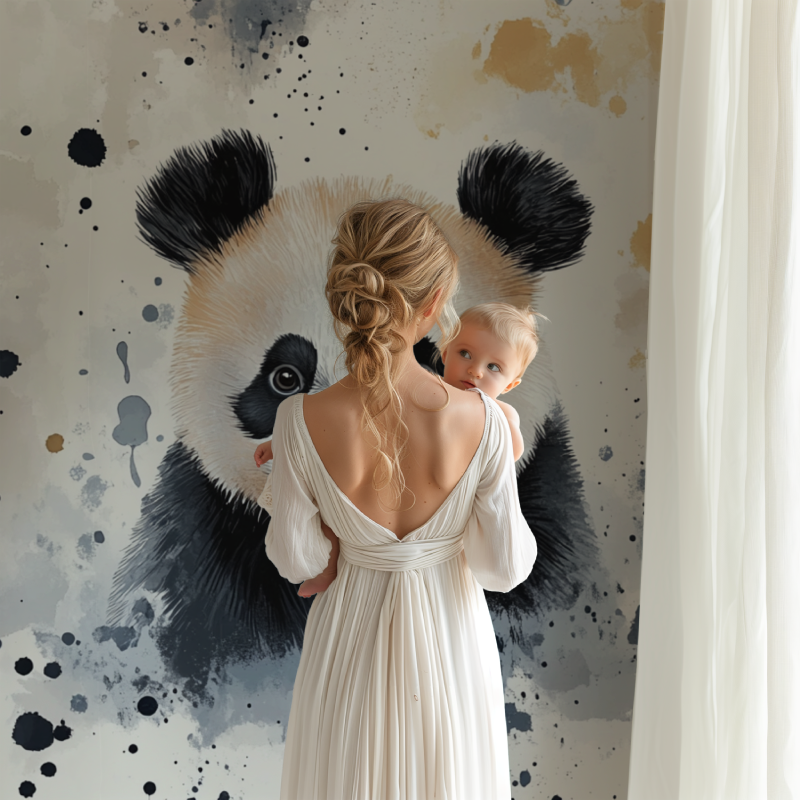 Watercolor panda wallpaper bringing charm to kids bedroom with playful furniture