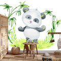 Panda wallpaper mural styled in a modern nursery with white furniture
