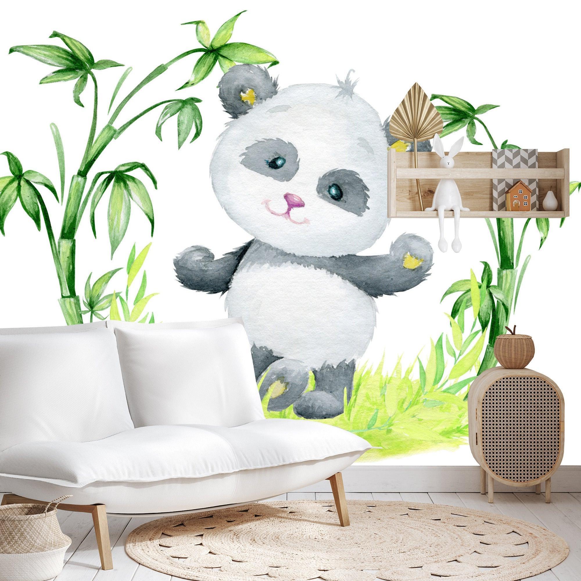 Watercolor panda wall mural in a playful kids bedroom setting