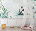 Panda wallpaper mural in a cozy nursery with rocking chair and soft lighting