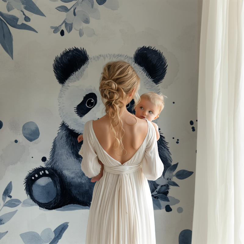 Watercolor panda design brightening a modern playroom with natural light