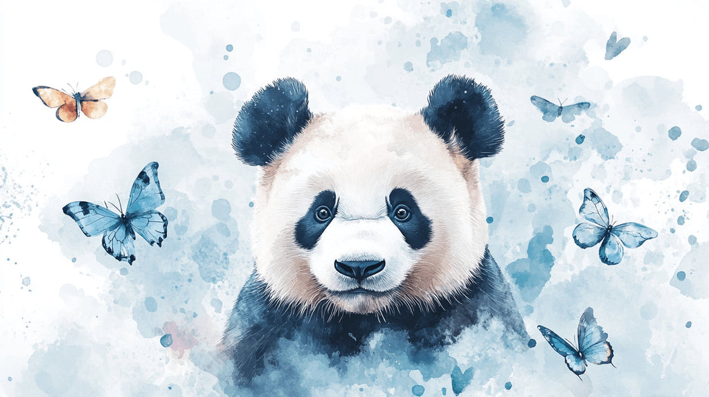 Panda bear wallpaper design file showing detailed watercolor artwork with blue butterfly accents