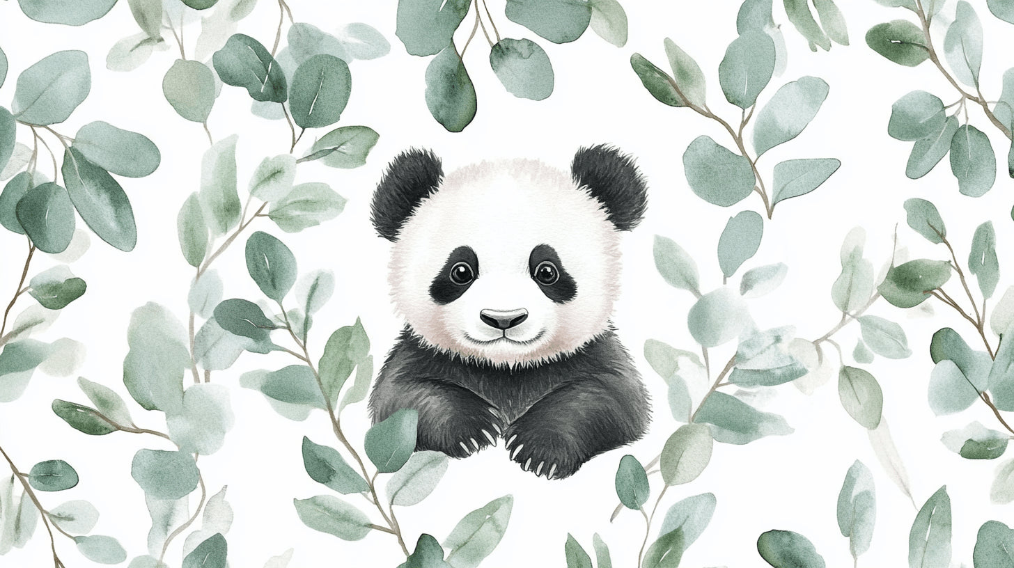 Panda and eucalyptus leaves design file showing intricate watercolor details