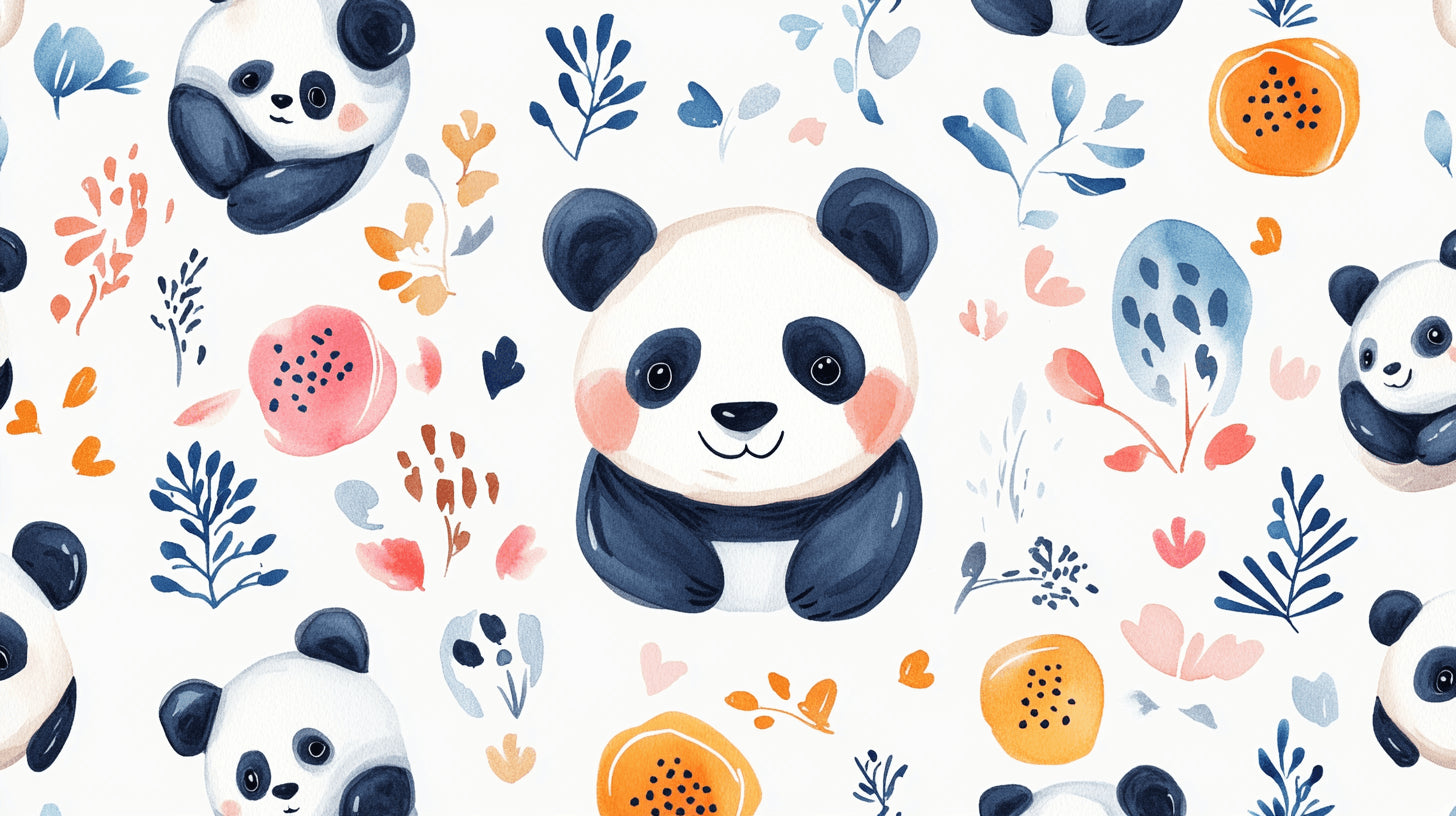 Panda wallpaper design file showing watercolor pandas with orange floral pattern on white background