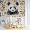 Pink and beige Panda wallpaper mural creating a cozy atmosphere in a modern nursery