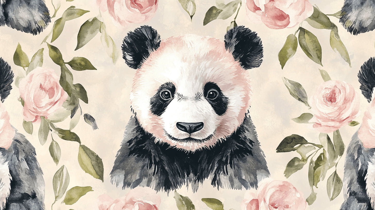 Panda and pink roses design file showing detailed watercolor pattern and texture
