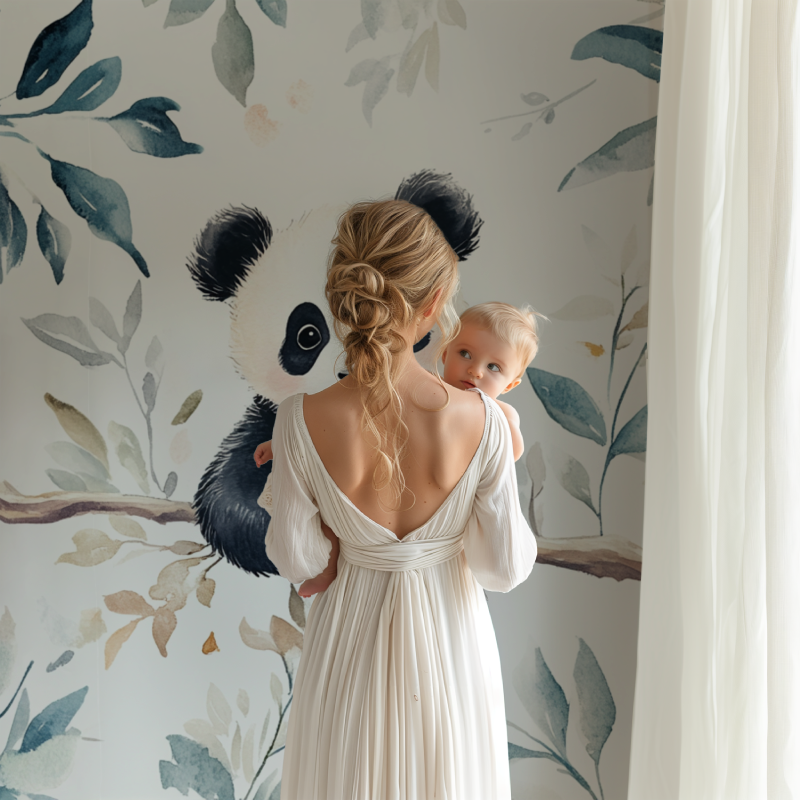 Forest animal wallpaper with pandas in modern children's room