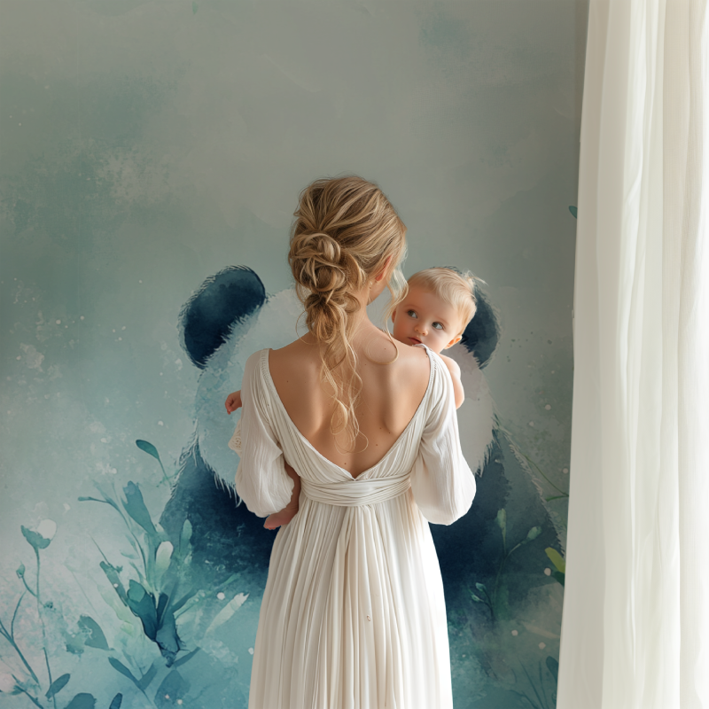 Panda wallpaper mural bringing calm to a modern nursery with soft watercolor design