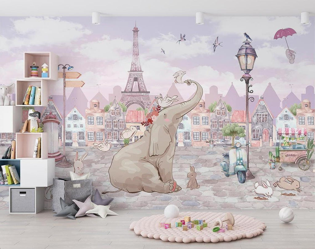 Whimsical Paris mural creating a magical reading nook in a child's bedroom