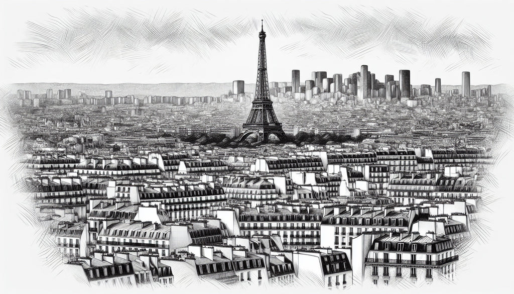 Black and white Paris wall mural design file showing detailed architectural sketch pattern
